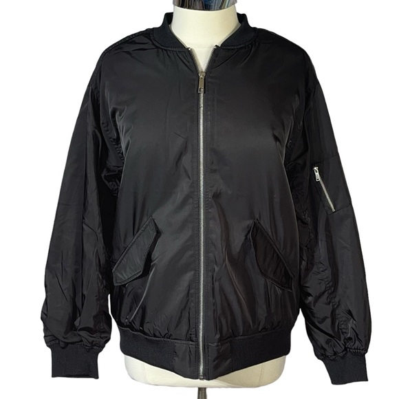 Love Tree Black Nylon Ruched Back Bomber Jacket - Picture 2 of 7